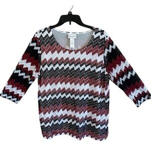 Alfred Dunner Women's Woven Zig Zag 3/4 Sleeve‎ Blouse Size XL Burgundy Black